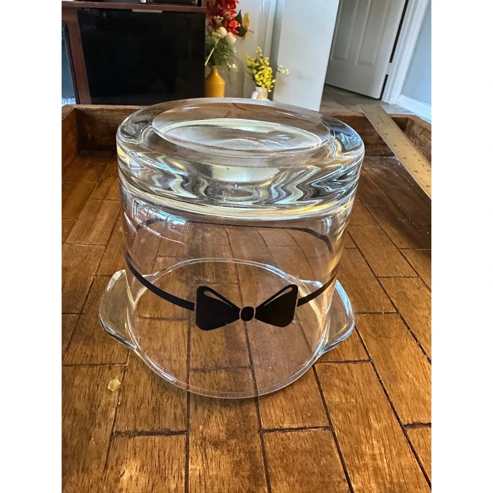 Vintage France Glass Ice Bucket with Bow Tie Graphic and Acrylic Tongs Clear EUC